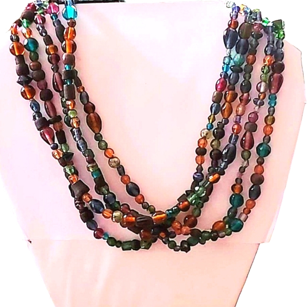 COLORFUL BEADED NECKLACE 16" Multi Strand Boho Beauty